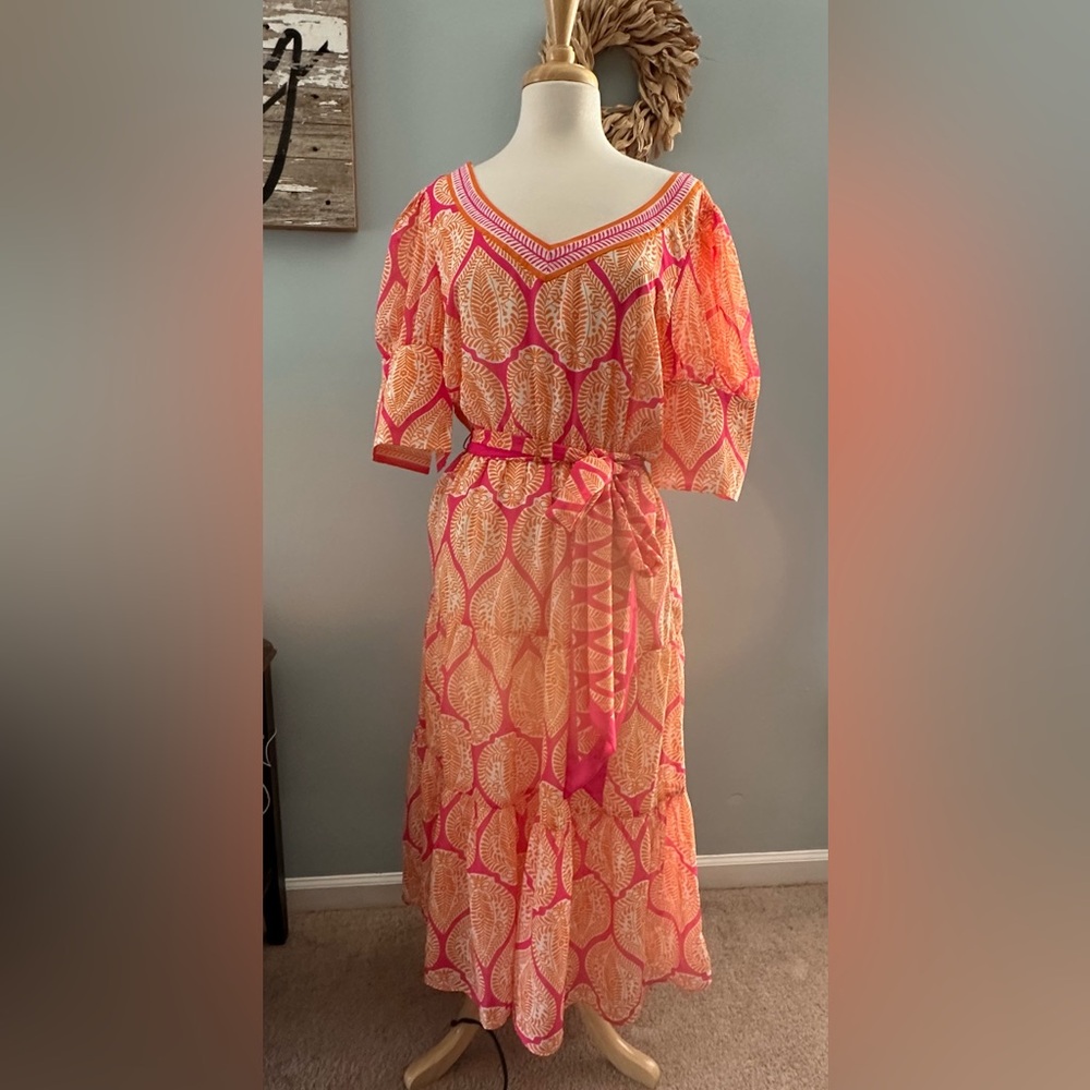 Gretchen Scott Women's Tropical V-Neck Tiered Maxi Dress Orange Medium NWT